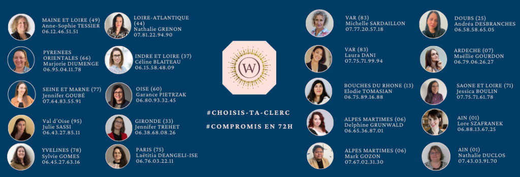 Carte des clercs immobiliers en France présentant 20 professionnels répartis sur 17 départements avec leurs photos, noms et coordonnées téléphoniques : Maine-et-Loire (49) Anne-Sophie Tessier, Pyrénées-Orientales (66) Marjorie Diumenge, Seine-et-Marne (77) Jennifer Goubé, Val-d'Oise (95) Julie Sassi, Yvelines (78) Sylvie Gomes, Loire-Atlantique (44) Nathalie Grenon, Indre-et-Loire (37) Céline Blaiteau, Oise (60) Garance Pietrzak, Gironde (33) Jennifer Tréhet, Paris (75) Laëtitia Deangeli-Ise, Var (83) Michelle Sardaillon et Laura Dani, Bouches-du-Rhône (13) Élodie Tomasian, Alpes-Maritimes (06) Delphine Grunwald et Mark Gozon, Doubs (25) Andréa Desbranches, Ardèche (07) Maëllie Gourdon, Saône-et-Loire (71) Jessica Boulin, Ain (01) Lore Szafranek et Nathalie Duclos. Hashtags #CHOISIS-TA-CLERC et #COMPROMIS EN 72H."