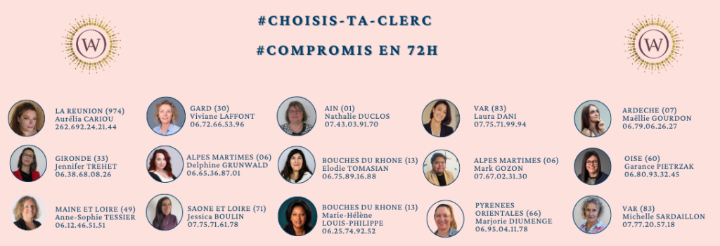 Carte des clercs immobiliers en France présentant 18 professionnels répartis sur 13 départements avec leurs photos, noms et coordonnées téléphoniques : La Réunion (974) Aurélia Cariou, Gard (30) Viviane Laffont, Ain (01) Nathalie Duclos, Var (83) Laura Dani et Michelle Sardaillon, Ardèche (07) Maëllie Gourdon, Gironde (33) Jennifer Tréhet, Alpes-Maritimes (06) Delphine Grunwald et Mark Gozon, Bouches-du-Rhône (13) Élodie Tomasian et Marie-Hélène Louis-Philippe, Oise (60) Garance Pietrzak, Maine-et-Loire (49) Anne-Sophie Tessier, Saône-et-Loire (71) Jessica Boulin, Pyrénées-Orientales (66) Marjorie Diumenge. Hashtags #CHOISIS-TA-CLERC et #COMPROMIS EN 72H.