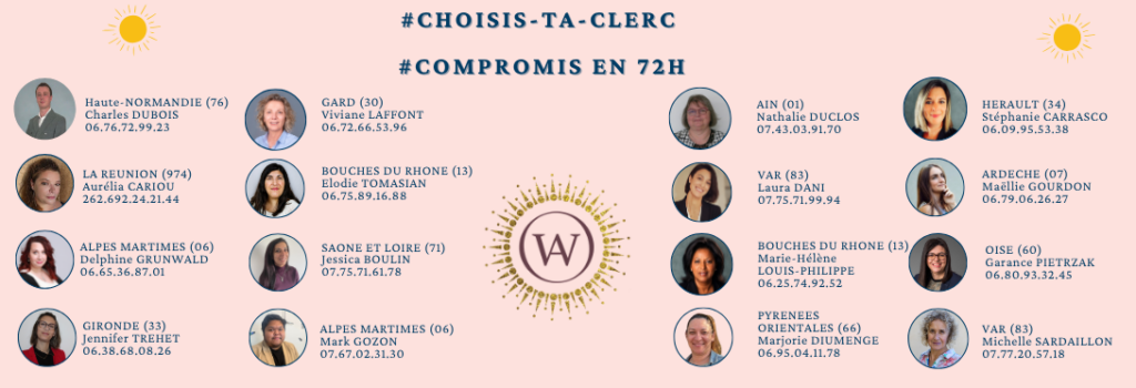 Réseau de clercs de notaire We Act répartis par département en France métropolitaine et Outre-mer, pour des compromis de vente signés en 72h — campagne #Choisis-ta-clerc