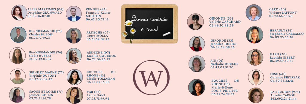 Visuel de rentrée présentant l'équipe commerciale répartie sur 16 départements français (Alpes-Maritimes, Vendée, Haute-Normandie, Ardèche, Seine-et-Marne, Bouches-du-Rhône, Saône-et-Loire, Var, Gironde, Ain, Gard, Hérault, Oise, La Réunion), chaque conseiller identifié par une photo, son nom et son numéro de téléphone professionnel. Au centre, un tableau noir avec la mention 'Bonne rentrée à tous!' entouré de fleurs, et le logo de la marque en médaillon.